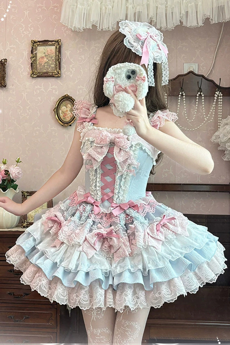 Blue/Pink [Honey Sweet Tart] Square Collar Sleeveless Multi-Layered Jacquard Ruffled Bow Lace Lace-Up Lolita Jsk Dress - Product - 10