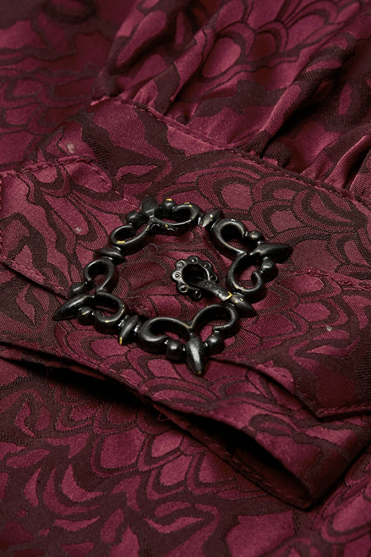 Jacquard Long Sleeve Front Metal Eyelets Lace Up Metal Carving Buckle Cuff Men's Gothic Shirt 3 Colors - Product - 14