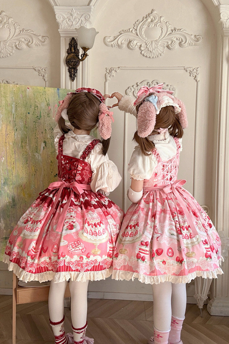 Pink [Strawberry Cake] Printed Ruffled Bow Daily Sweet Lolita Jsk Dress - Product - 5