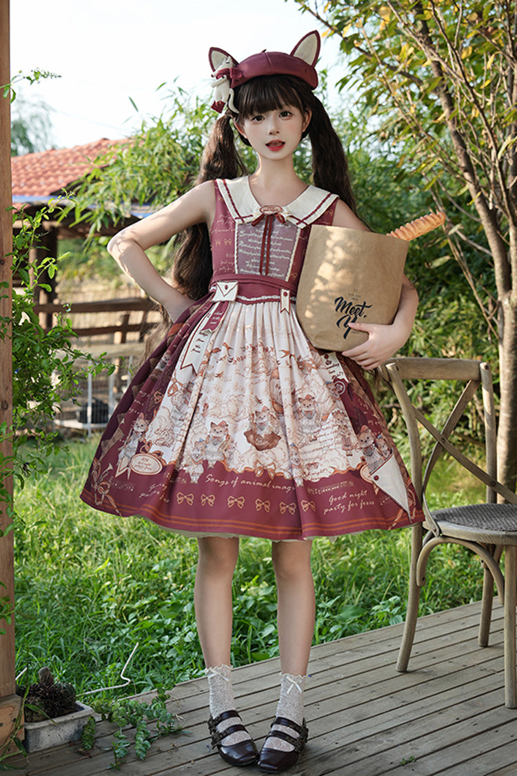 Wine Red [Fox Band] Print Square Collar Bowknot Classic Lolita Jumper Dress - Red - 1