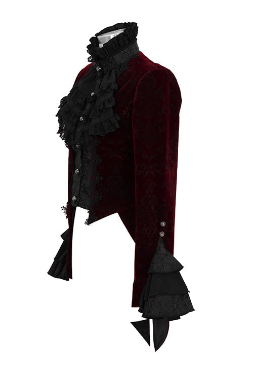 Red Jacquard Velvet Womens Swallow Tailed Gothic Coats - Product - 5