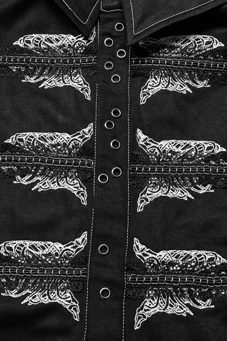 Black Lapel Collar Long Sleeves Skull Print Embroidery Mens Steampunk Blouse - Product - 5