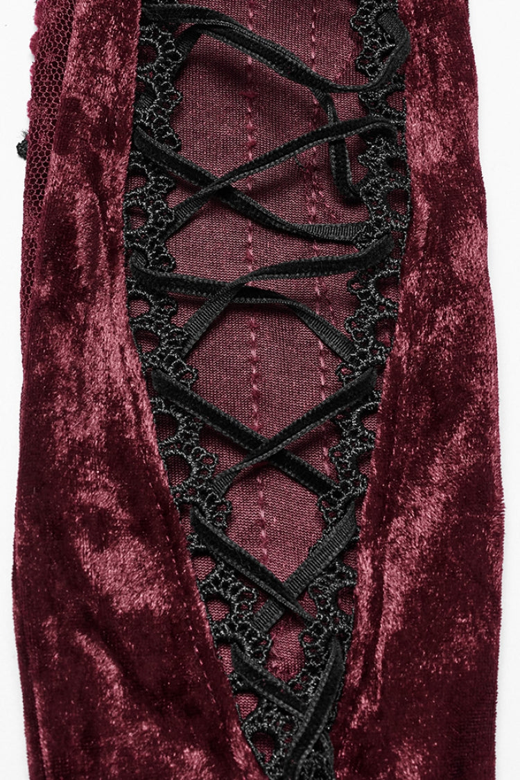 Red Floral Embroidery Lace-Up Women's Gothic Gloves - Product - 9