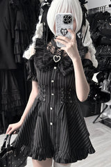 [Silver Candle Elegy”] Short Sleeves Printed Ruffled Cut-Out Bow Gothic Jirai Kei Top and Shorts Set 2 Colors - Product - 14
