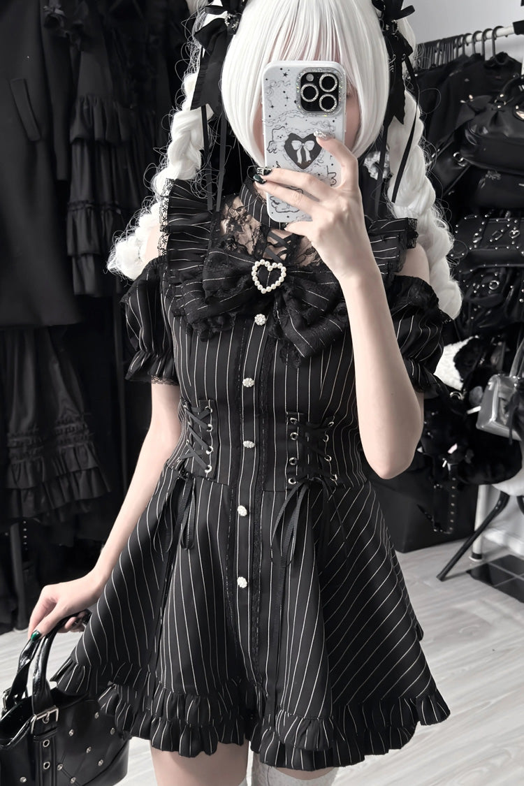 [Silver Candle Elegy”] Short Sleeves Printed Ruffled Cut-Out Bow Gothic Jirai Kei Top and Shorts Set 2 Colors - Product - 14