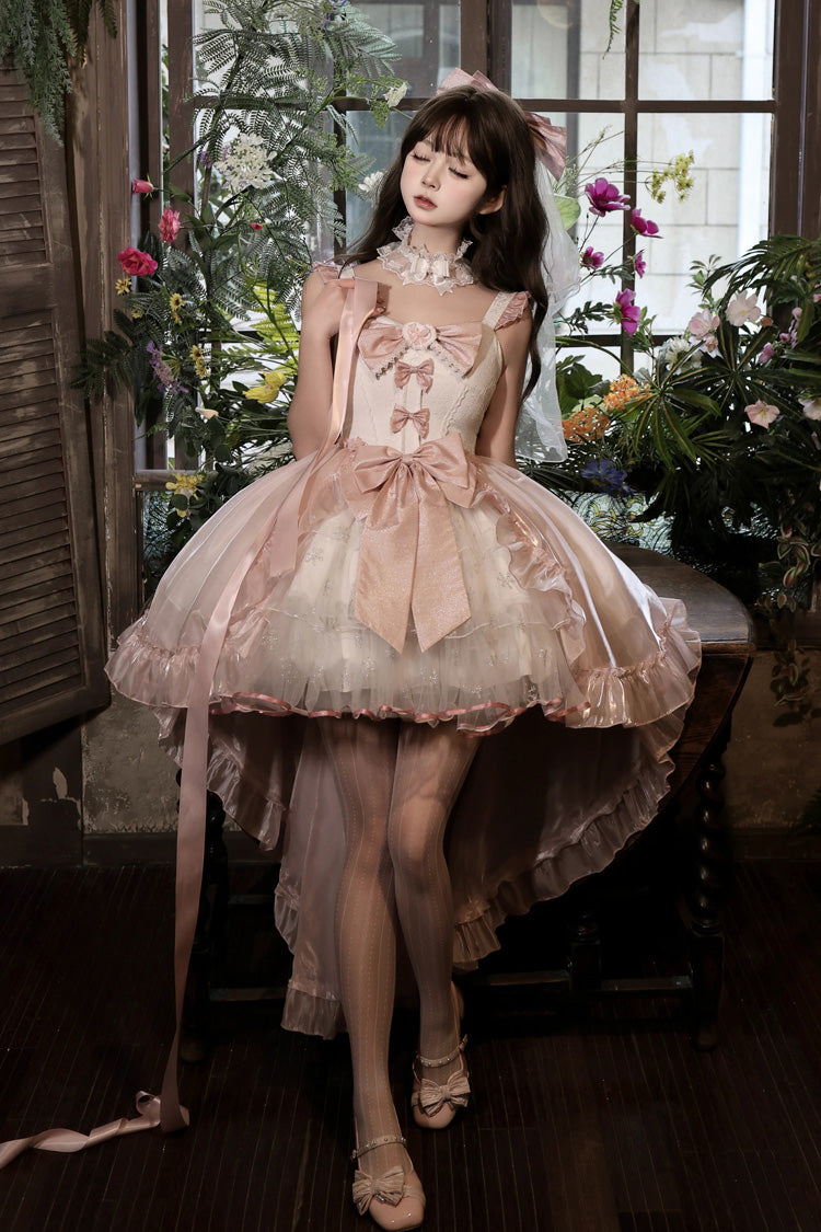 Pink [Star Weaving Dream Language] Sleeveless Ruffled Open-Front Bow Lace Sweet Lolita Jsk Dress Set - Product - 3
