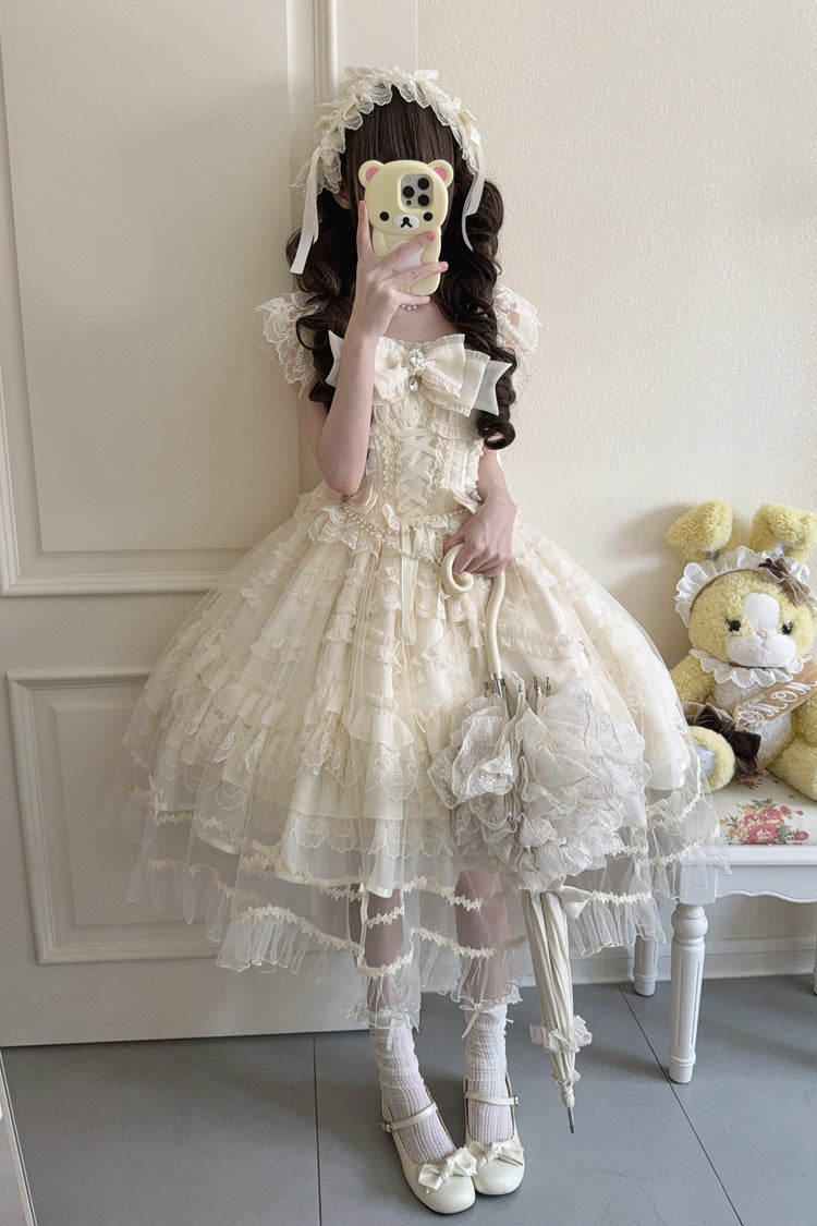 Apricot [Eternal Vow] Sleeveless Multi-Layered Ruffle Hanayome Bowknot Lace Lace-Up Sweet Lolita Jsk Dress - Product - 4