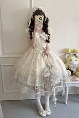 Apricot [Eternal Vow] Sleeveless Multi-Layered Ruffle Hanayome Bowknot Lace Lace-Up Sweet Lolita Jsk Dress - Product - 4