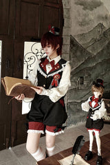 Red/Black [Candy Shop] V Collar Sleeveless Bow Lace Sweet Ouji Lolita Shorts Vest Set - Product - 6
