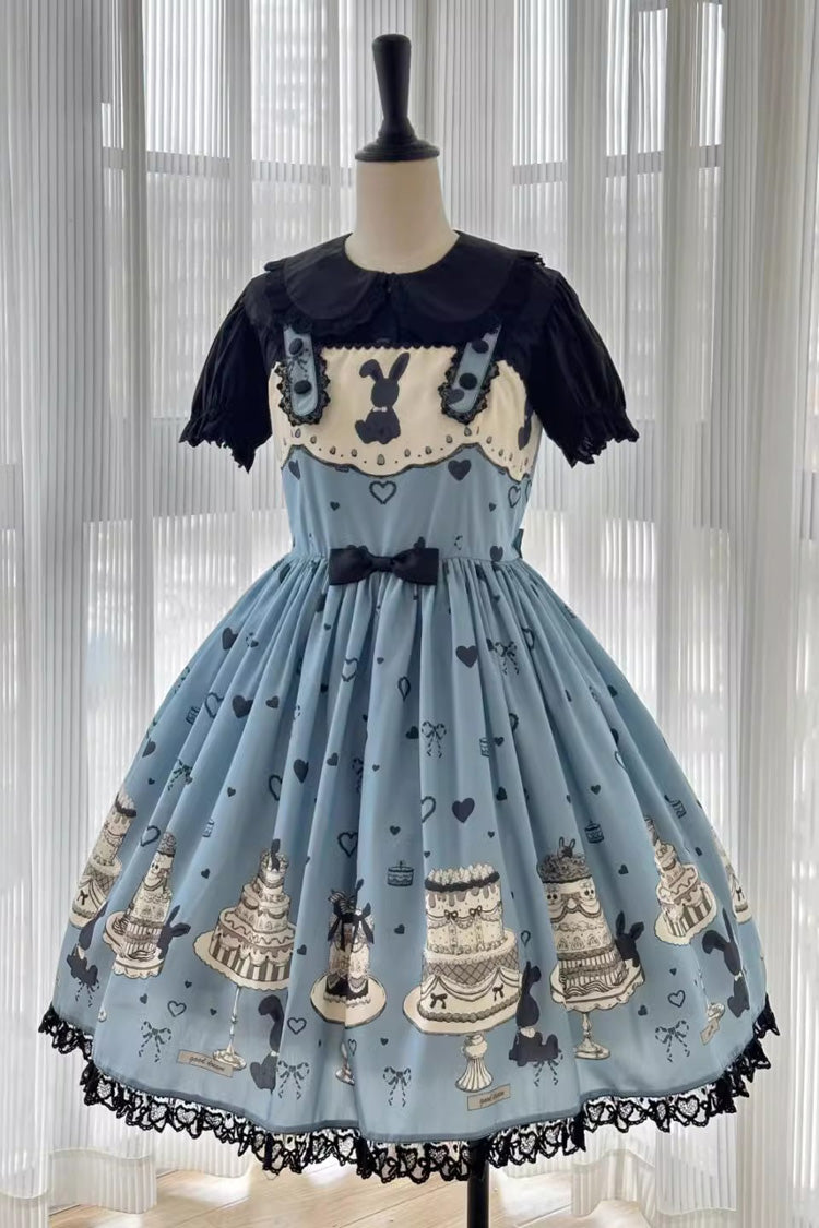 Blue Cake Bunny Print Bowknot Stitching Lace Sweet Lolita Jsk Dress - Product - 3