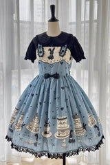 Blue Cake Bunny Print Bowknot Stitching Lace Sweet Lolita Jsk Dress - Product - 3
