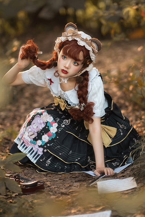Black Multi-Layer Ruffled Note Bear Print Sweet Lolita JSK Dress - Product - 6
