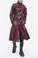Red Stand Collar Multi Buckle Faux Long Leather Men's Punk Coat - Red - 1