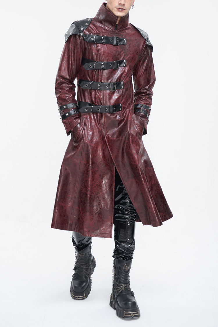 Red Stand Collar Multi Buckle Faux Long Leather Men's Punk Coat - Red - 1
