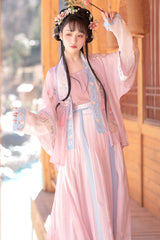 Pink Chinese Song Dynasty Ancient Naughty Cat Embroidery Four Piece Sweet Hanfu Dress - Product - 3