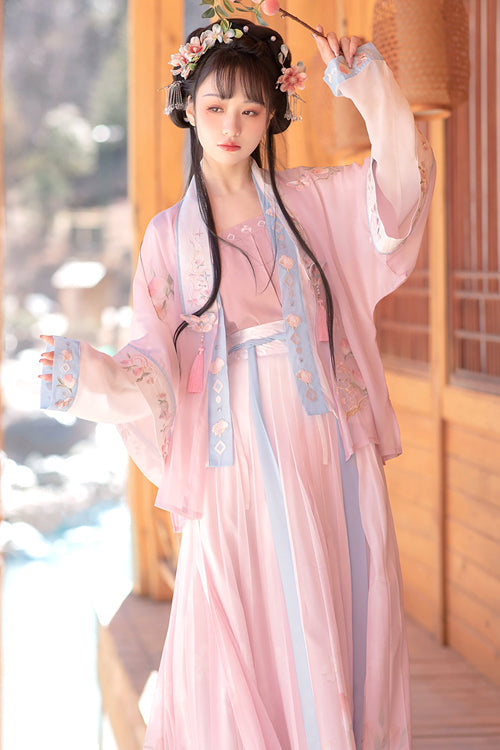 Pink Chinese Song Dynasty Ancient Naughty Cat Embroidery Four Piece Sweet Hanfu Dress - Product - 3
