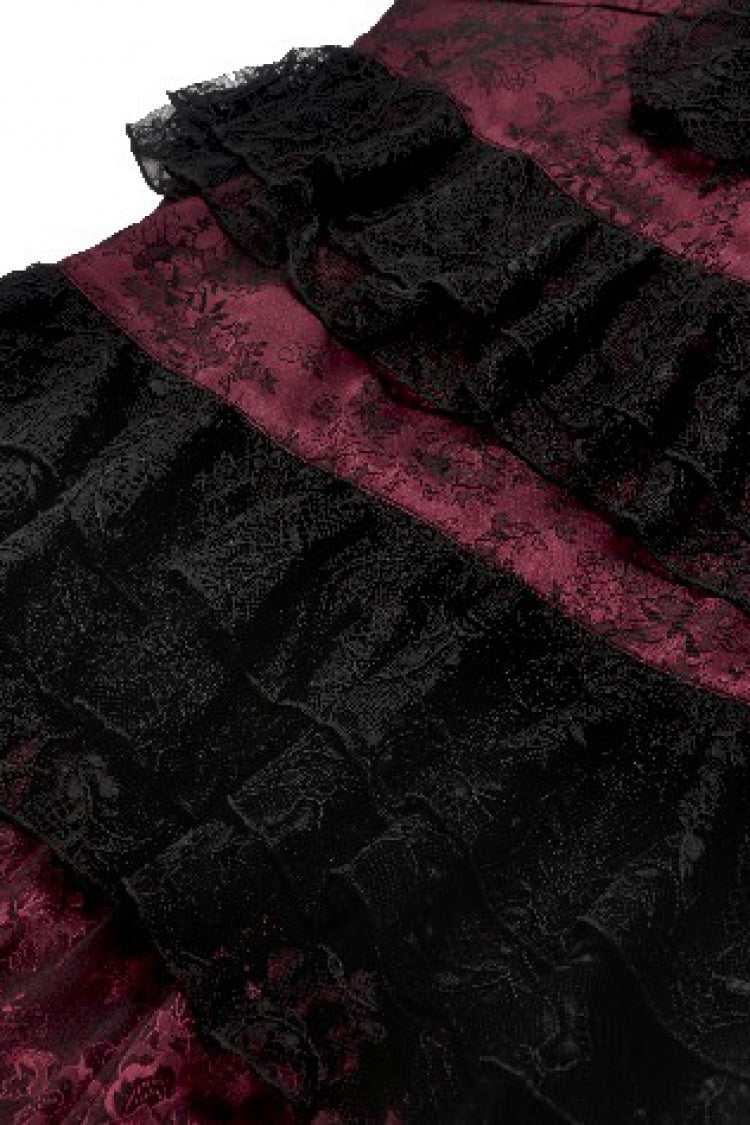 Black/Red Rose Irregular Multi-Layered Lace Ruffled Women's Gothic Slip Dress Wedding Dress - Product - 13