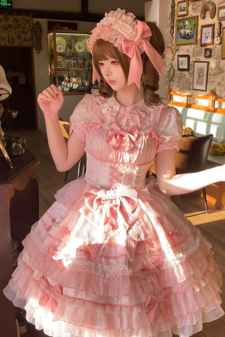 Pink [Little Lovetine] Multi-Layered Ruffle Bowknot Lace Sweet Gorgeous Lolita Jsk Dress - Product - 10