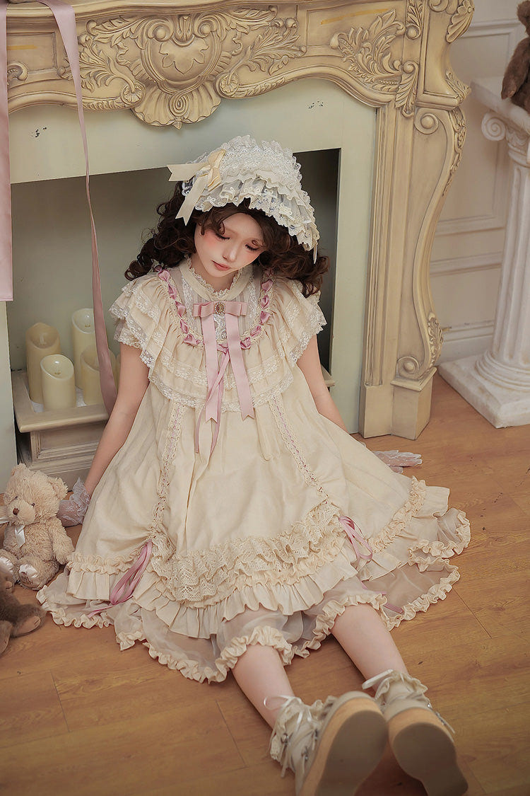 Apricot [Lily's Dream] Stand Collar Short Sleeves Loose-Fit Doll-Like Multi-Layered Ruffled Bow Lace Sweet Lolita Dress 2 Versions - Product - 19