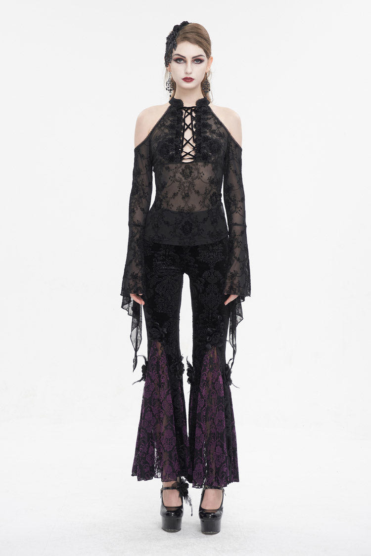 Black Off Shoulder Flared Sleeved Lace Mesh Women's Gothic Shirt - Product - 5