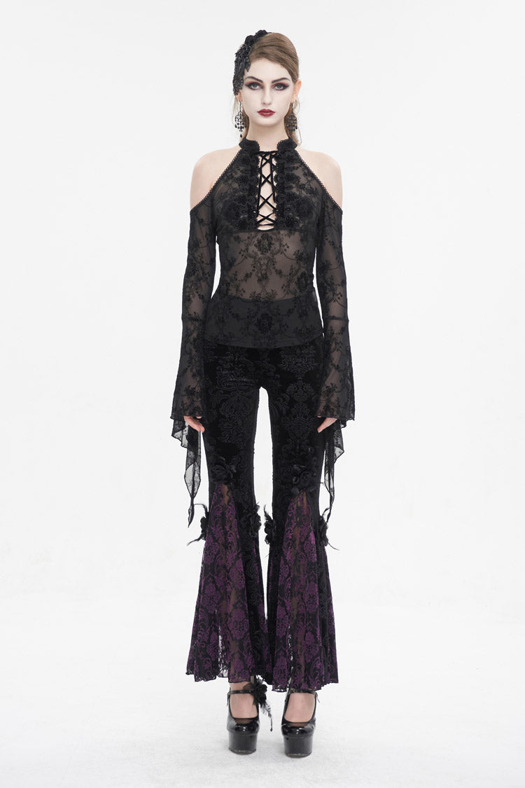 Black Off Shoulder Flared Sleeved Lace Mesh Women's Gothic Shirt - Product - 5