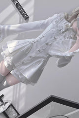 White Long Trumpet Sleeves Bowknot Lace-Up Gothic Jirai Kei Dress Shorts Set - Product - 2