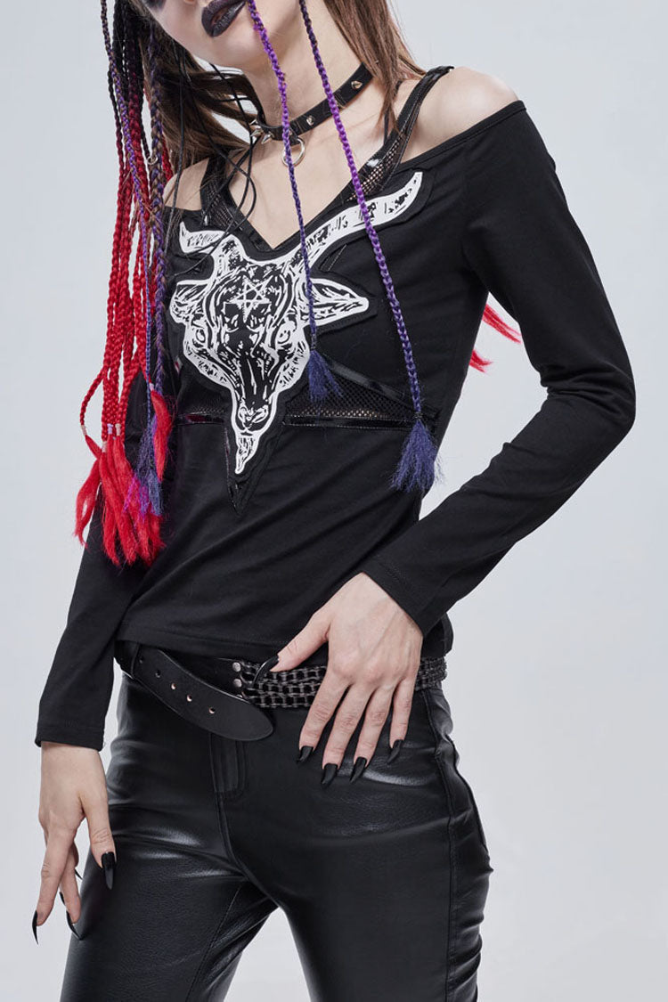 Black Punk Devil Sheep Head Printed Long Sleeves Off The Shoulder Women's Shirt - Black - 1