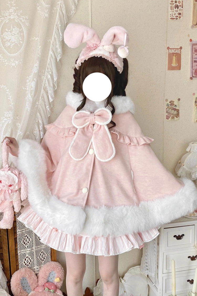 [Woolen Rabbit Ears] Bow Lop-eared Rabbit Sweet Lolita Cloak Coat - Pink - 1