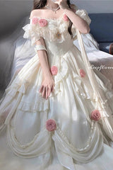 Ivory Tana Manor Rose Flower Long Sleeves Ruffle Bowknot Elegant Sweet Princess Lolita Strapless Dress - Product - 3