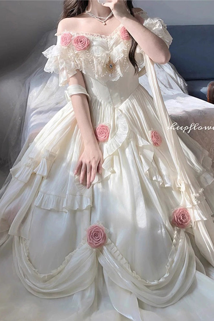 Ivory Tana Manor Rose Flower Long Sleeves Ruffle Bowknot Elegant Sweet Princess Lolita Strapless Dress - Product - 3