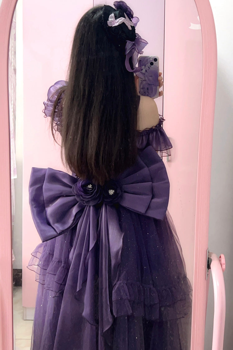 Purple [Bright Stars] Off Shoulder Ruffle Bowknot Asymmetric Sweet Elegant Princess Lolita Dress - Product - 5
