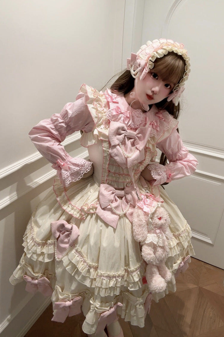 ピンク／イエロー ドール ティアード フリル リボン レース スウィートロリータワンピース 商品画像
