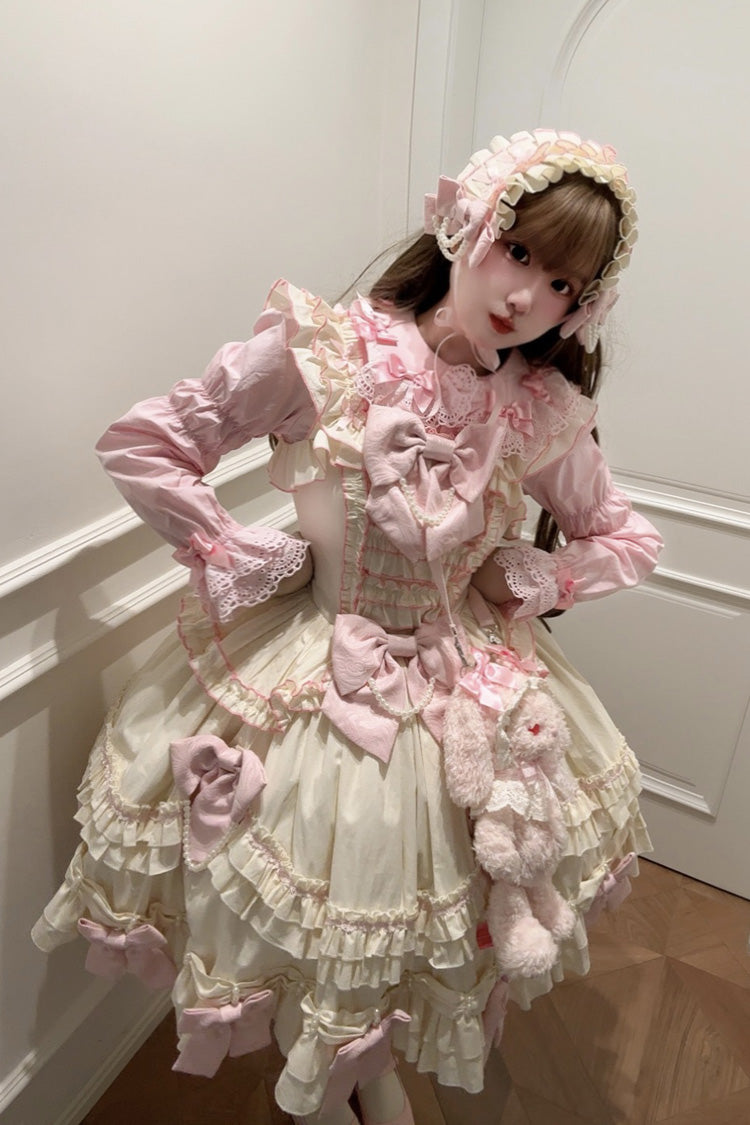 ピンク／イエロー ドール ティアード フリル リボン レース スウィートロリータワンピース 商品画像