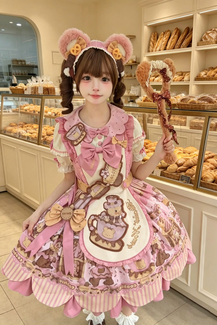Pink [Teddy Bear Cookie] Strawberry Cream Puff Dessert Printed Bow Plus Size Sweet Lolita Dress Set 3 Versions - Product - 16