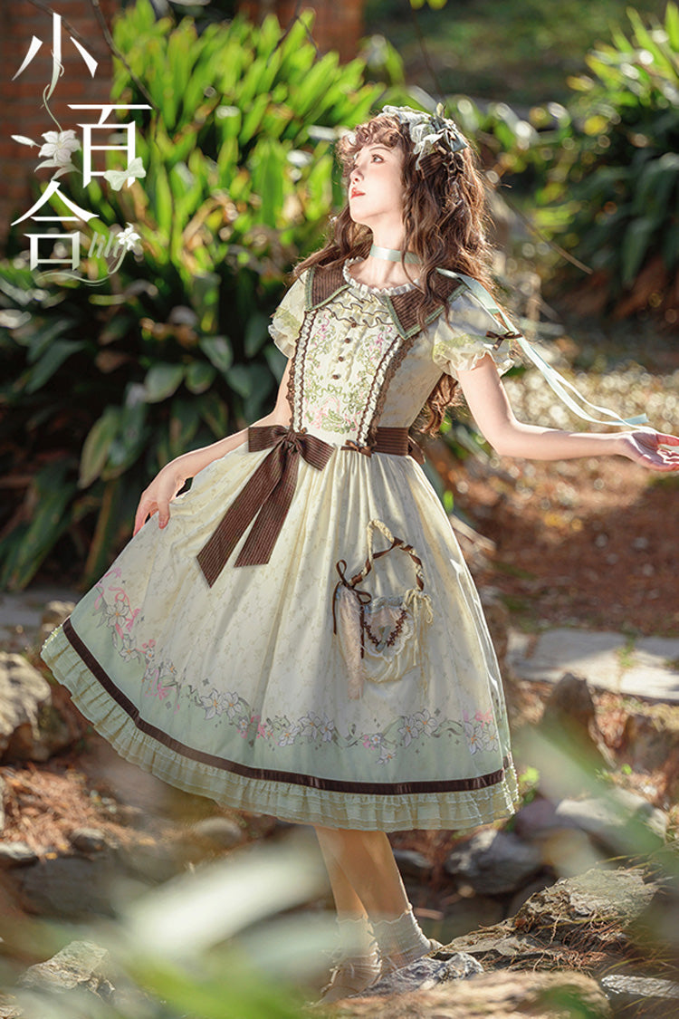 Green/Ivory [Lily] Short Sleeves Print Ruffle Embroidery Bowknot Lace Sweet Elegant Lolita Dress - Product - 10