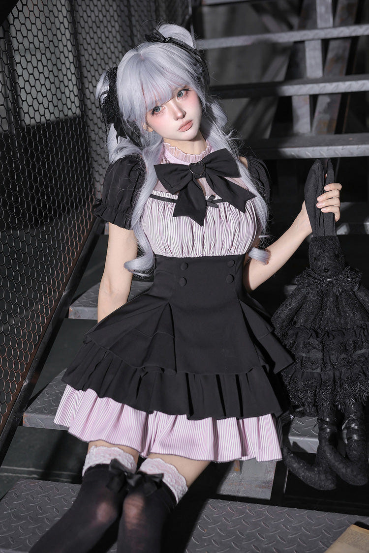 Classic Square Collar Halterneck Short Sleeves Triple-Layered Printed Ruffled Bow Cool Lolita Dress Set 2 Colors(Black, Grey) - Black - 9