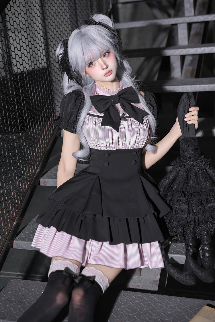 Classic Square Collar Halterneck Short Sleeves Triple-Layered Printed Ruffled Bow Cool Lolita Dress Set 2 Colors(Black, Grey) - Black - 9