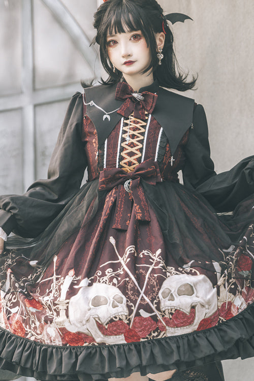 Black/Red Lapel Collar Long Sleeves High Waisted Printed Gothic Lolita OP Dress - Product - 3
