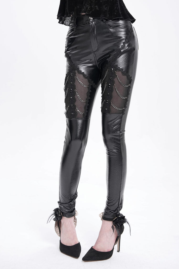 Black Chain Faux Leather Stitching Lace Women's Gothic Pants - Product - 11