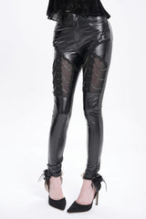Black Chain Faux Leather Stitching Lace Women's Gothic Pants - Product - 11