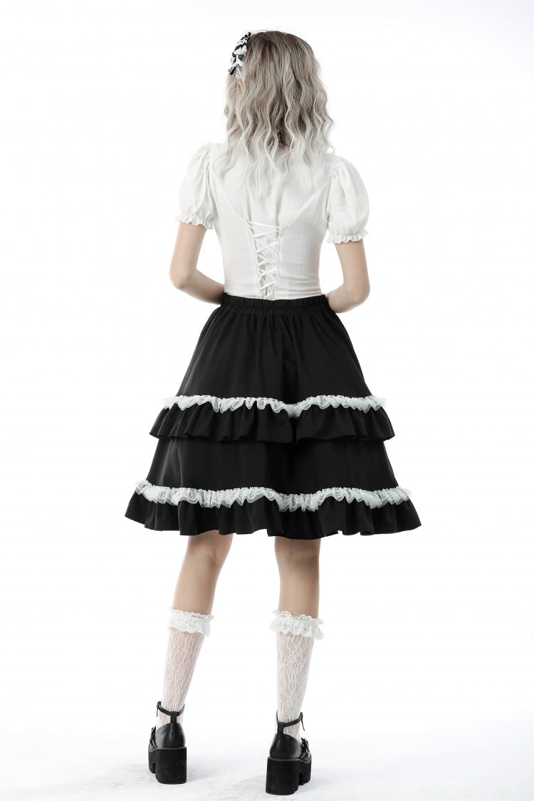 White Short Puff Sleeves Ruffled Neckline Lace Lace-Up Women's Gothic Blouse - Product - 4