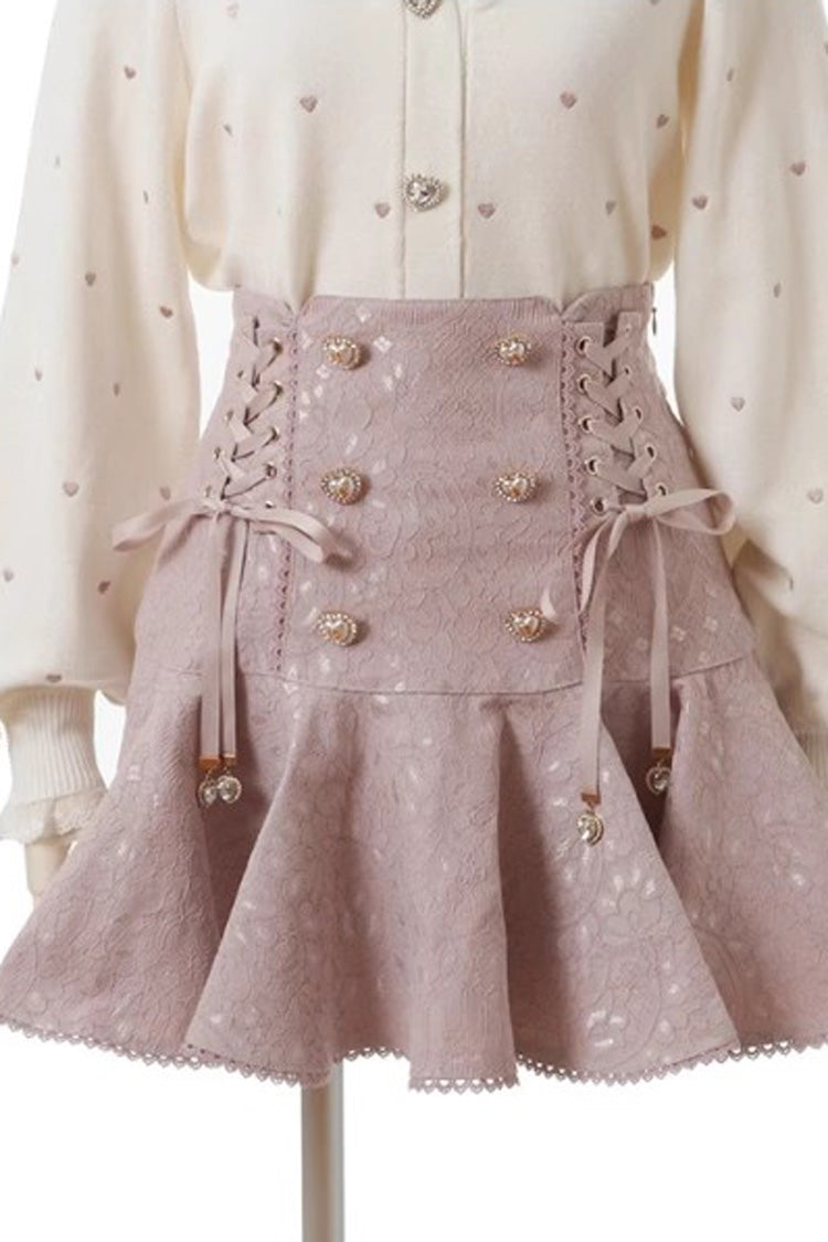 Pink Japanese Bowknot Double Breasted  Lace-Up Sweet Jirai Kei Skirt - Product - 3