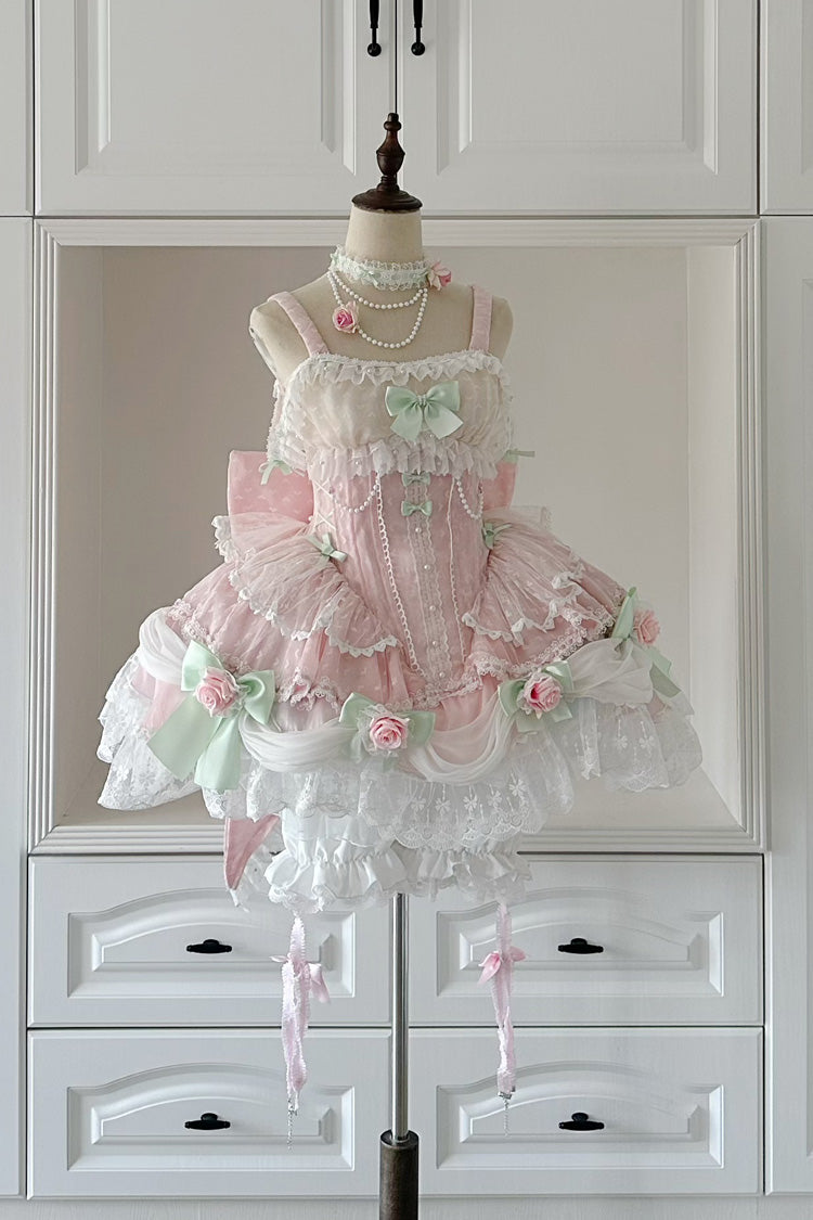 Pink [Honey Rose] Sleeveless Ruffle Embroidery Bowknot Lace Pearl Sweet Lolita Jsk Dress - Product - 9