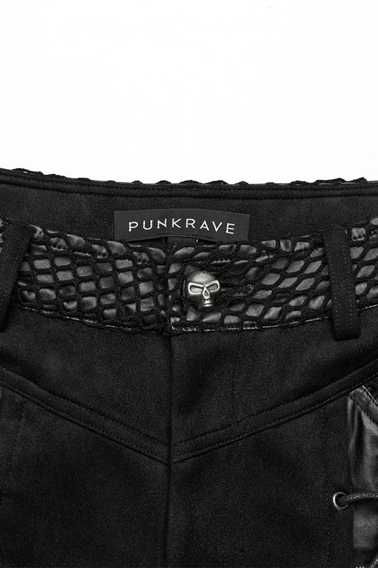 Black Metal Eyelets Faux Leather Stitching Mesh Women's Steampunk Pants - Product - 5