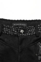 Black Metal Eyelets Faux Leather Stitching Mesh Women's Steampunk Pants - Product - 5