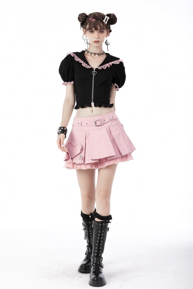 Black/Pink Short Puff Sleeves Lace Ruffled Lace-Up Zippered Women's Lolita Gothic Crop Top with Cat Hood - Product - 9