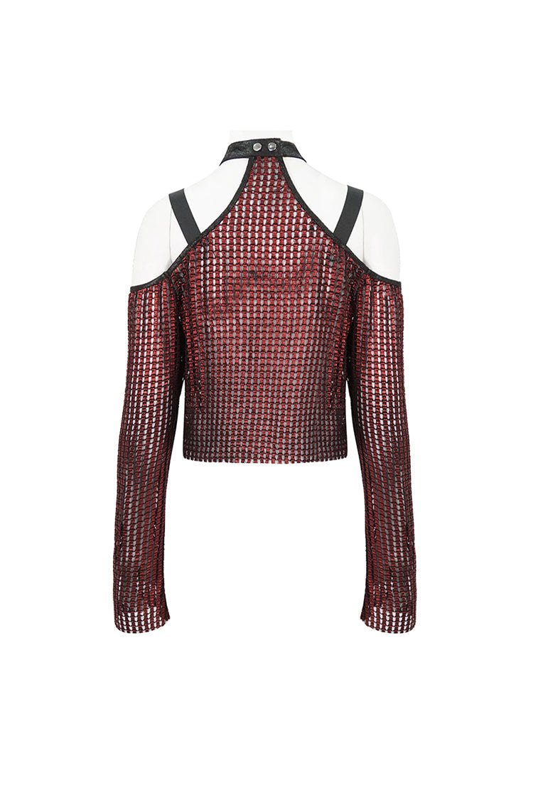 Red Off Shoulder Buckle Sheer Crop Women's Gothic Shirt - Product - 9