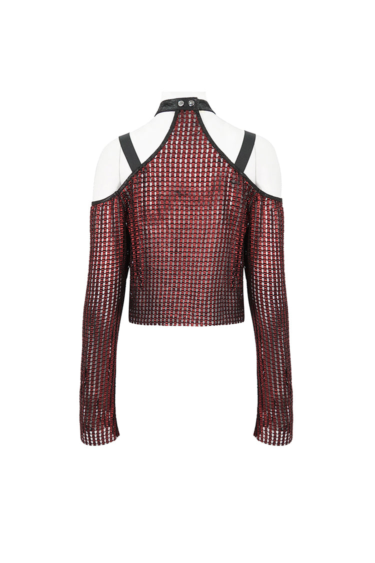 Red Off Shoulder Buckle Sheer Crop Women's Gothic Shirt - Product - 9