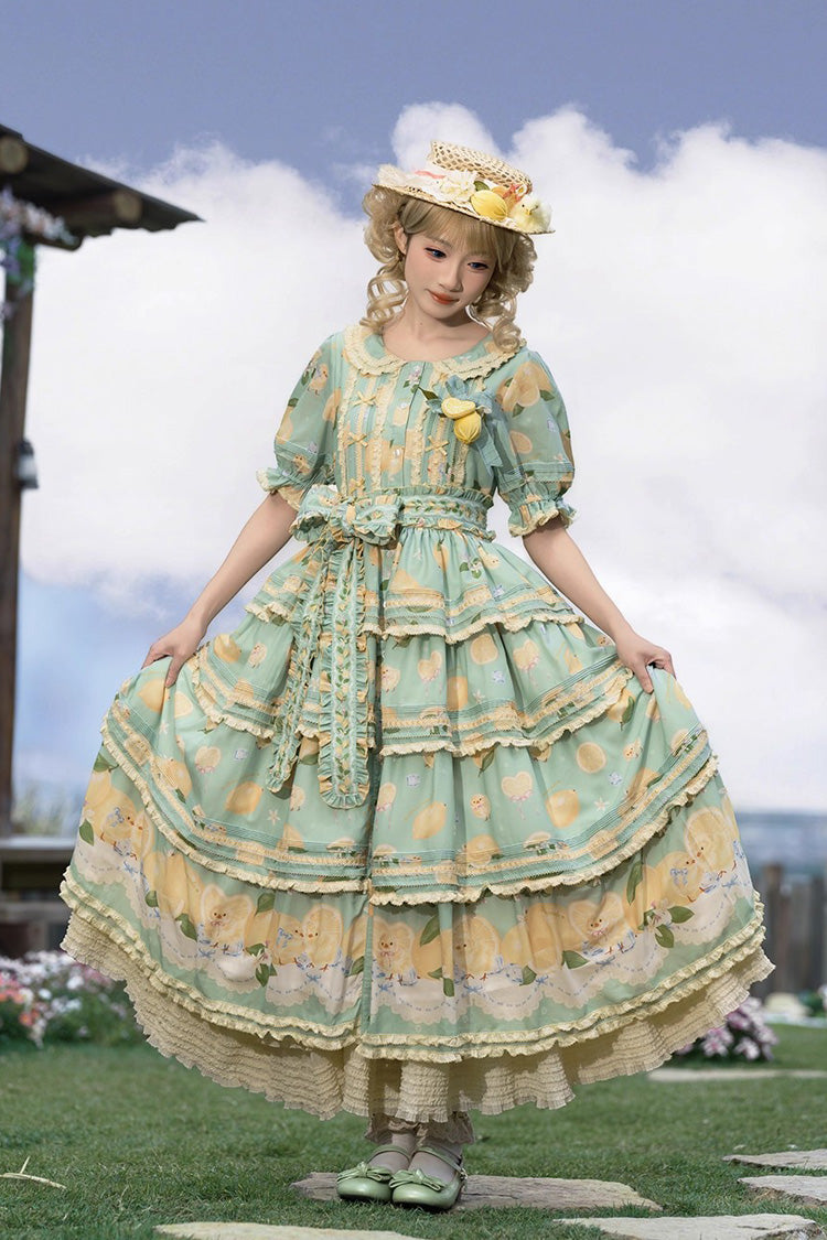 Green [Lemon Chicken] Short Sleeves Triple-Layered Print Ruffle Bowknot Lace Sweet Gorgeous Lolita Dress - Green - 1