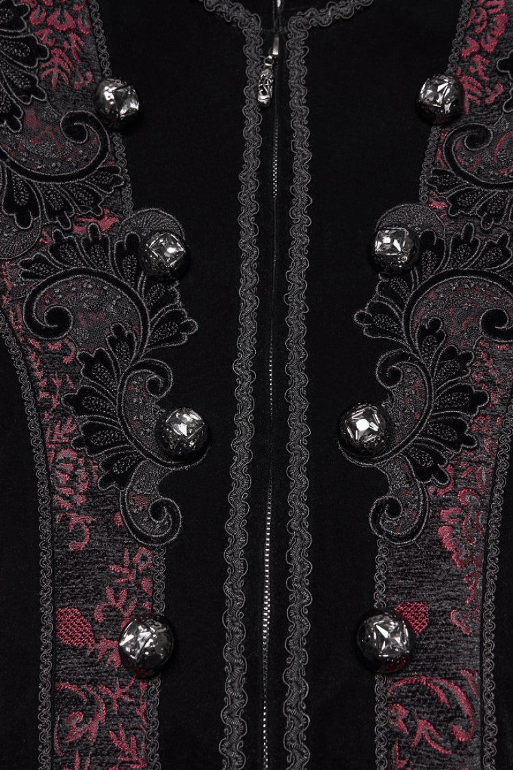 Black/Red Stand Collar Long Sleeves Floral Jacquard Bouble-breasted Zipper Men's Gothic Coat - Product - 6